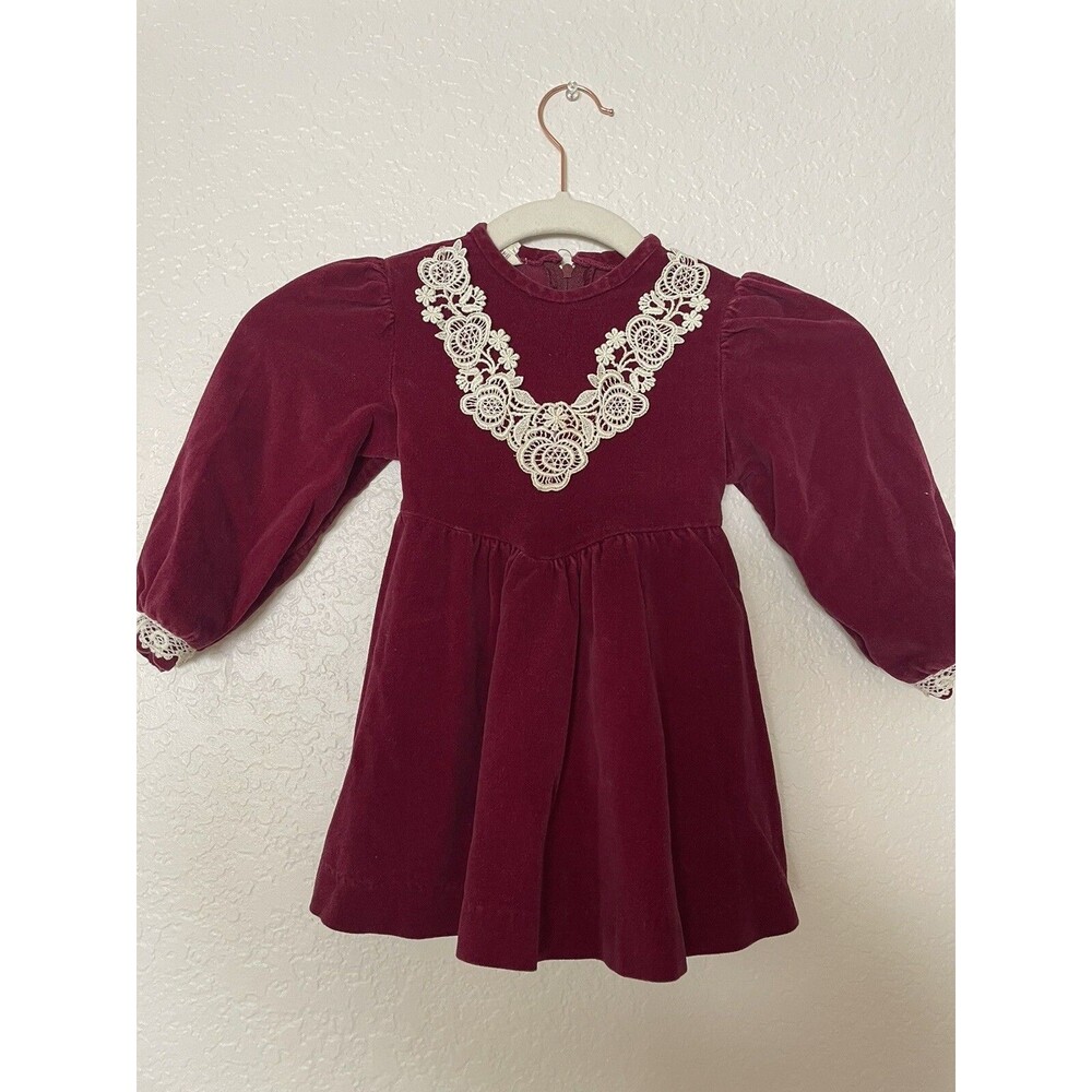 Children’s Vintage Christmas Holiday Dress Velvet Maroon Lace Detail 3T